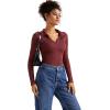 imageSUUKSESS Women Long Sleeve Ribbed V Neck Polo Shirts Collared Business Casual Slim Fitted Tops for Office WorkCrimson