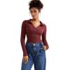 imageSUUKSESS Women Long Sleeve Ribbed V Neck Polo Shirts Collared Business Casual Slim Fitted Tops for Office WorkCrimson