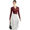 imageSUUKSESS Women Long Sleeve Ribbed V Neck Polo Shirts Collared Business Casual Slim Fitted Tops for Office WorkCrimson