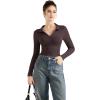 imageSUUKSESS Women Long Sleeve Ribbed V Neck Polo Shirts Collared Business Casual Slim Fitted Tops for Office WorkDark Brown