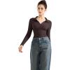 imageSUUKSESS Women Long Sleeve Ribbed V Neck Polo Shirts Collared Business Casual Slim Fitted Tops for Office WorkDark Brown
