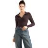 imageSUUKSESS Women Long Sleeve Ribbed V Neck Polo Shirts Collared Business Casual Slim Fitted Tops for Office WorkDark Brown