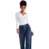 imageSUUKSESS Women Long Sleeve Ribbed V Neck Polo Shirts Collared Business Casual Slim Fitted Tops for Office WorkWhite