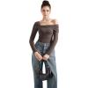 imageSUUKSESS Women One Off The Shoulder Winter Tank Tops Ruched Long Sleeve Shirts2 Brown