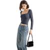 imageSUUKSESS Women Square Neck Long Sleeve Tops Double Lined Going Out T ShirtsAsh