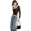 imageSUUKSESS Women Square Neck Long Sleeve Tops Double Lined Going Out T ShirtsBlack