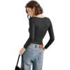 imageSUUKSESS Women Square Neck Long Sleeve Tops Double Lined Going Out T ShirtsBlack
