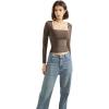 imageSUUKSESS Women Square Neck Long Sleeve Tops Double Lined Going Out T ShirtsBrown