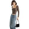 imageSUUKSESS Women Square Neck Long Sleeve Tops Double Lined Going Out T ShirtsBrown