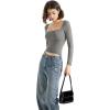 imageSUUKSESS Women Square Neck Long Sleeve Tops Double Lined Going Out T ShirtsLight Grey