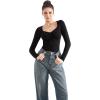 imageSUUKSESS Women Sweetheart V Neck Long Sleeve Tops Lace Trim Ribbed Modal Fall Going Out ShirtsBlack