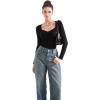 imageSUUKSESS Women Sweetheart V Neck Long Sleeve Tops Lace Trim Ribbed Modal Fall Going Out ShirtsBlack