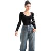imageSUUKSESS Women Sweetheart V Neck Long Sleeve Tops Lace Trim Ribbed Modal Fall Going Out ShirtsBlack