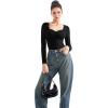 imageSUUKSESS Women Sweetheart V Neck Long Sleeve Tops Lace Trim Ribbed Modal Fall Going Out ShirtsBlack