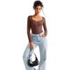imageSUUKSESS Women Sweetheart V Neck Long Sleeve Tops Lace Trim Ribbed Modal Fall Going Out ShirtsDark Coffee