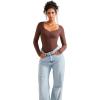 imageSUUKSESS Women Sweetheart V Neck Long Sleeve Tops Lace Trim Ribbed Modal Fall Going Out ShirtsDark Coffee