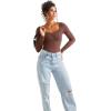 imageSUUKSESS Women Sweetheart V Neck Long Sleeve Tops Lace Trim Ribbed Modal Fall Going Out ShirtsDark Coffee