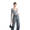 imageSUUKSESS Women Sweetheart V Neck Long Sleeve Tops Lace Trim Ribbed Modal Fall Going Out ShirtsDark Gray