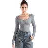 imageSUUKSESS Women Sweetheart V Neck Long Sleeve Tops Lace Trim Ribbed Modal Fall Going Out ShirtsDark Gray