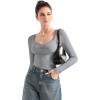 imageSUUKSESS Women Sweetheart V Neck Long Sleeve Tops Lace Trim Ribbed Modal Fall Going Out ShirtsDark Gray