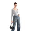 imageSUUKSESS Women Sweetheart V Neck Long Sleeve Tops Lace Trim Ribbed Modal Fall Going Out ShirtsGray