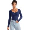 imageSUUKSESS Women Sweetheart V Neck Long Sleeve Tops Lace Trim Ribbed Modal Fall Going Out ShirtsNavy Blue