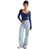 imageSUUKSESS Women Sweetheart V Neck Long Sleeve Tops Lace Trim Ribbed Modal Fall Going Out ShirtsNavy Blue