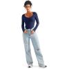 imageSUUKSESS Women Sweetheart V Neck Long Sleeve Tops Lace Trim Ribbed Modal Fall Going Out ShirtsNavy Blue