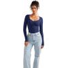 imageSUUKSESS Women Sweetheart V Neck Long Sleeve Tops Lace Trim Ribbed Modal Fall Going Out ShirtsNavy Blue