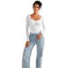 imageSUUKSESS Women Sweetheart V Neck Long Sleeve Tops Lace Trim Ribbed Modal Fall Going Out ShirtsWhite