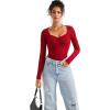 imageSUUKSESS Women Sweetheart V Neck Long Sleeve Tops Lace Trim Ribbed Modal Fall Going Out ShirtsWine Red