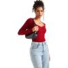 imageSUUKSESS Women Sweetheart V Neck Long Sleeve Tops Lace Trim Ribbed Modal Fall Going Out ShirtsWine Red
