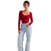 imageSUUKSESS Women Sweetheart V Neck Long Sleeve Tops Lace Trim Ribbed Modal Fall Going Out ShirtsWine Red