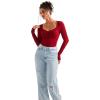 imageSUUKSESS Women Sweetheart V Neck Long Sleeve Tops Lace Trim Ribbed Modal Fall Going Out ShirtsWine Red
