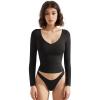 imageSUUKSESS Women Double Lined Casual V Neck Crop Tank Tops Basic Long Sleeve ShirtsBlack