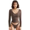 imageSUUKSESS Women Double Lined Casual V Neck Crop Tank Tops Basic Long Sleeve ShirtsBrown