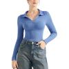 imageSUUKSESS Women Long Sleeve Ribbed V Neck Polo Shirts Collared Business Casual Slim Fitted Tops for Office WorkBlue