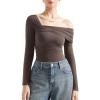 imageSUUKSESS Women One Off The Shoulder Winter Tank Tops Ruched Long Sleeve Shirts2 Brown