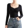 imageSUUKSESS Women Sweetheart V Neck Long Sleeve Tops Lace Trim Ribbed Modal Fall Going Out ShirtsBlack