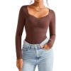 imageSUUKSESS Women Sweetheart V Neck Long Sleeve Tops Lace Trim Ribbed Modal Fall Going Out ShirtsDark Coffee