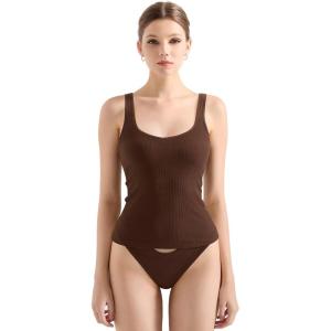 imageSUUKSESS Women Cotton Ribbed Built in Bra Tank Tops Summer Casual Basic TopBrown