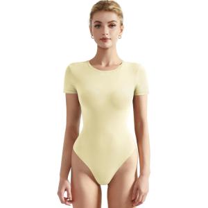 imageSUUKSESS Women Crew Neck Short Sleeve Thong Bodysuit Shirts Basic TopPale Yellow