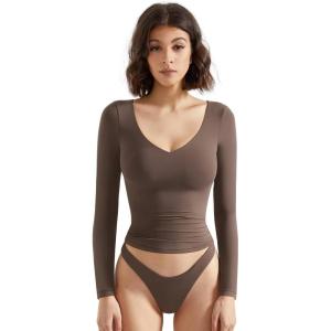imageSUUKSESS Women Double Lined Casual V Neck Crop Tank Tops Basic Long Sleeve ShirtsBrown