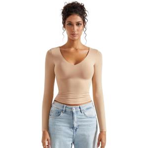 imageSUUKSESS Women Double Lined Casual V Neck Crop Tank Tops Basic Long Sleeve ShirtsChampagne