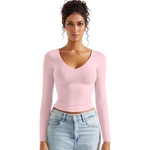 imageSUUKSESS Women Double Lined Casual V Neck Crop Tank Tops Basic Long Sleeve ShirtsPink