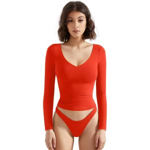 imageSUUKSESS Women Double Lined Casual V Neck Crop Tank Tops Basic Long Sleeve ShirtsRed