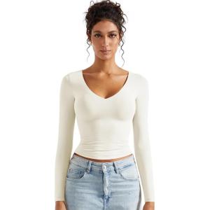 imageSUUKSESS Women Double Lined Casual V Neck Crop Tank Tops Basic Long Sleeve ShirtsWhite