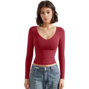 imageSUUKSESS Women Double Lined Casual V Neck Crop Tank Tops Basic Long Sleeve ShirtsWine Red