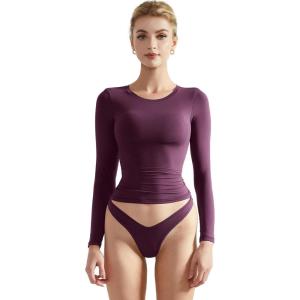 imageSUUKSESS Women Double Lined Fitted Basic T Shirts Crew Neck Long Sleeve Crop TopPlum