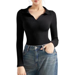 imageSUUKSESS Women Long Sleeve Ribbed V Neck Polo Shirts Collared Business Casual Slim Fitted Tops for Office WorkBlack